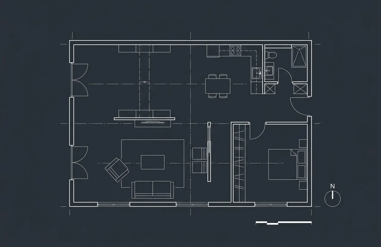 Planimetria di un loft open space di 110 mq con blocco servizi e quinte autoportanti