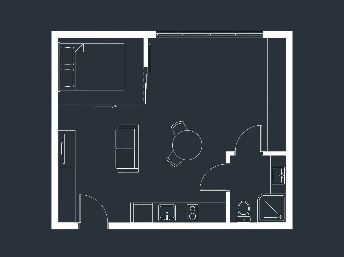 Planimetria di un monolocale di 30 mq con blocco cucina e bagno sulla stessa parete tecnica