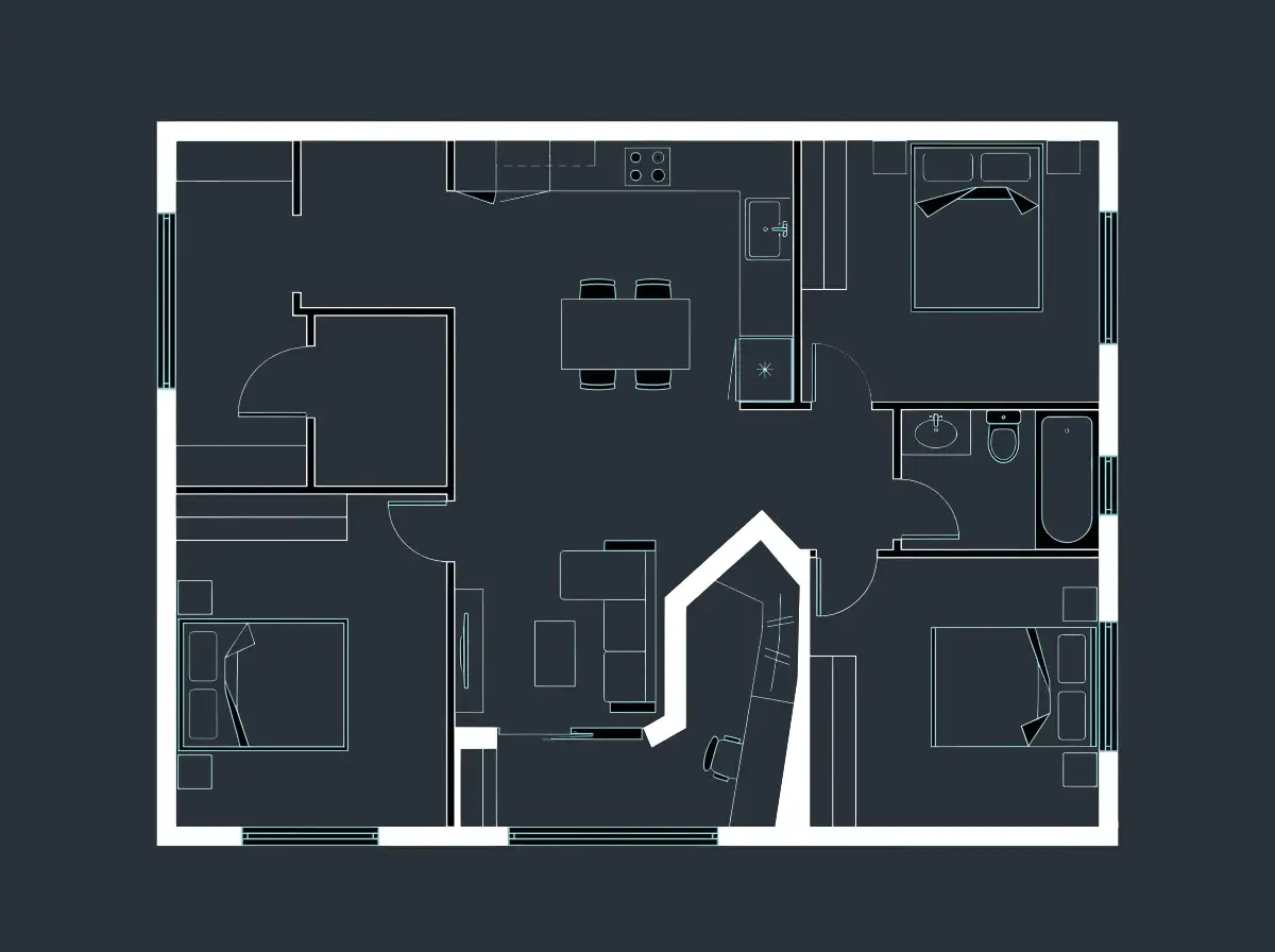Planimetria di un appartamento di 90 mq con nicchia irregolare adibita a studio