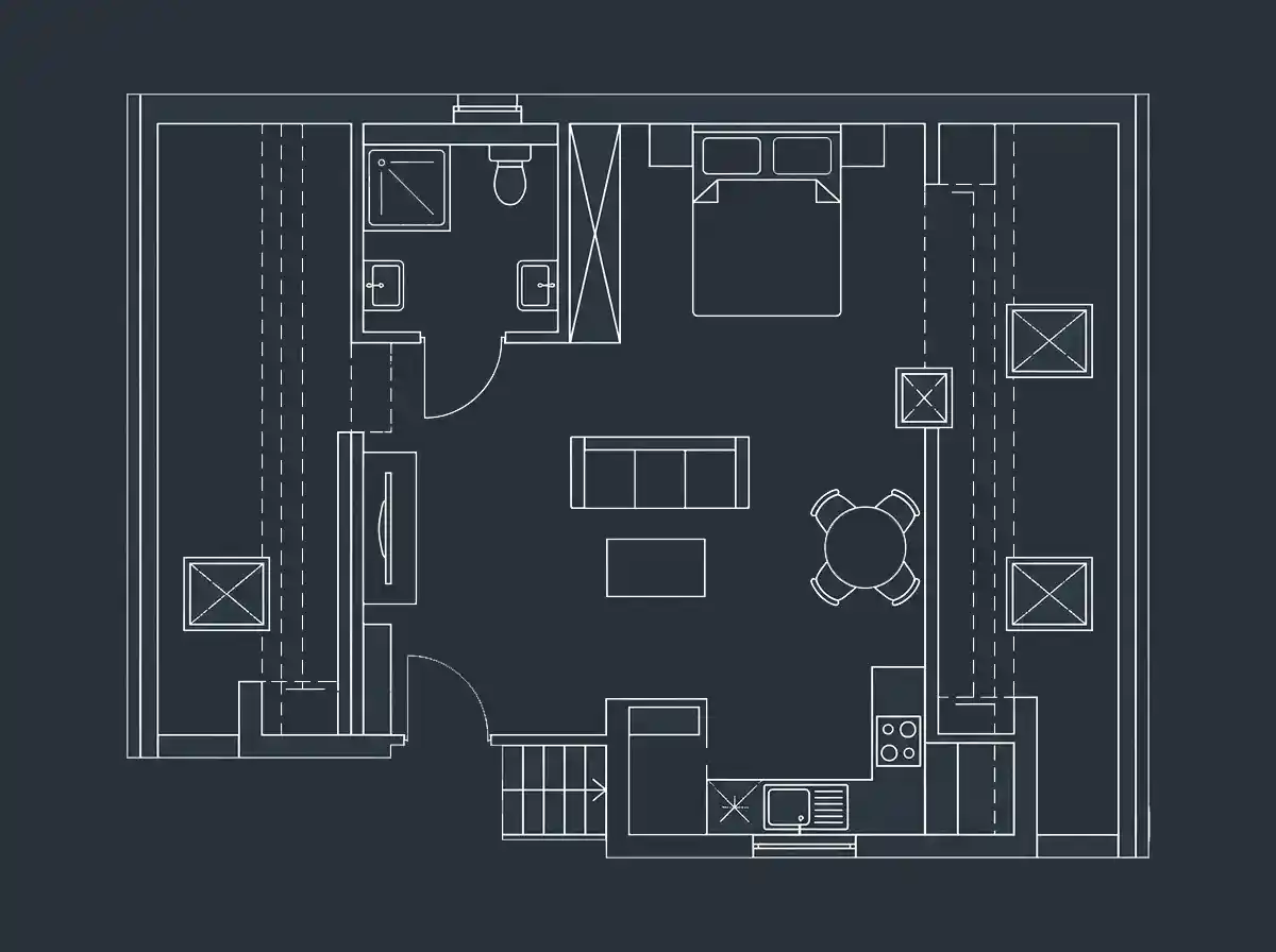 Planimetria di un sottotetto recuperato di 65 mq con indicazione delle zone a soffitto inclinato